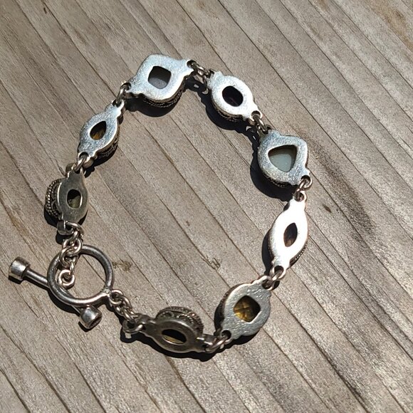 Handmade Sterling Silver Toggle Bracelet with Multi Gemstones and Ornate Detail - Picture 6 of 12